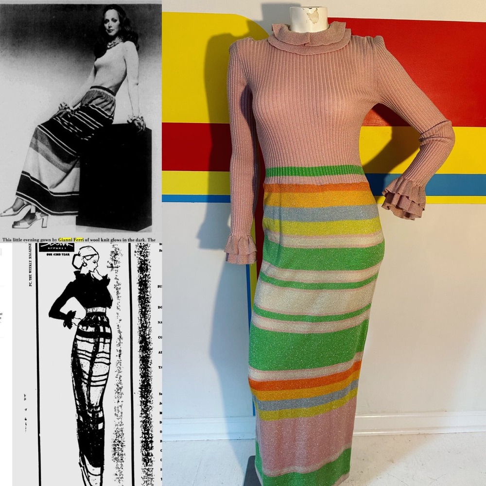 1970s 1960s vintage candy stripe pink wool maxi dress small Banff lurex metallic
